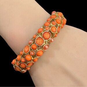 Vintage Gold-Tone Bracelet With Orange Beads & Gem Accents Stretch Design Costum